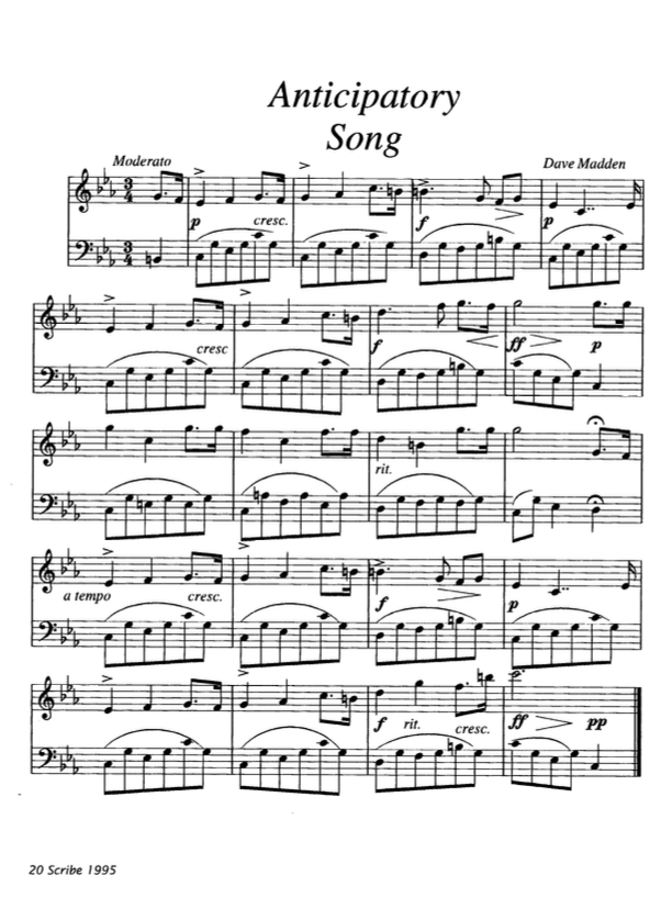 Score for a 3/4 piano piece in C minor called "Anticipatory Song"